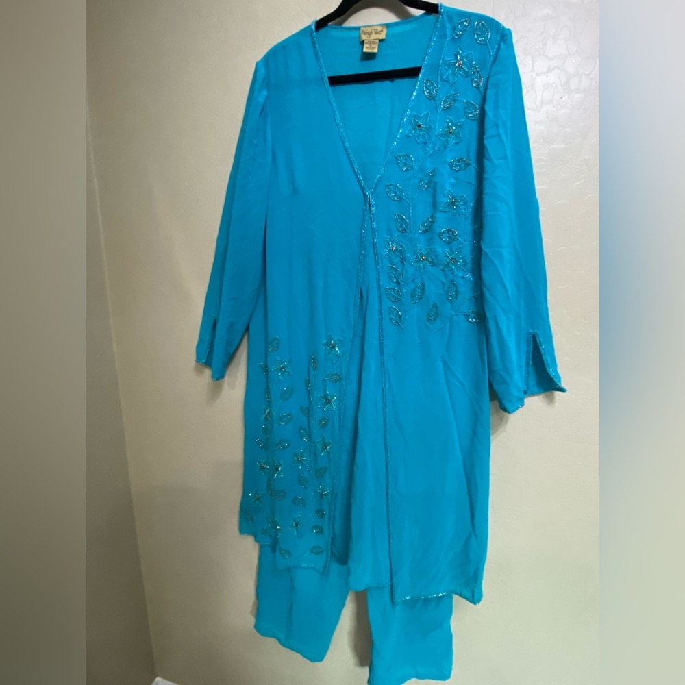 Vibrant Blue Silk Long Top and Sheer Pants Suit adorned with Shimmer Designs